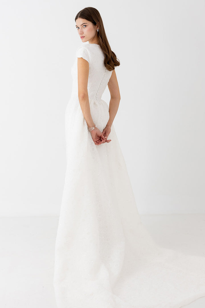 Embroidered Column Wedding Dress with Train