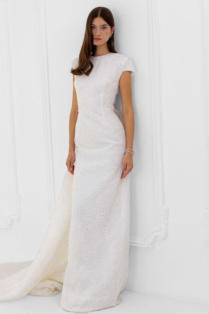 Embroidered Column Wedding Dress with Train