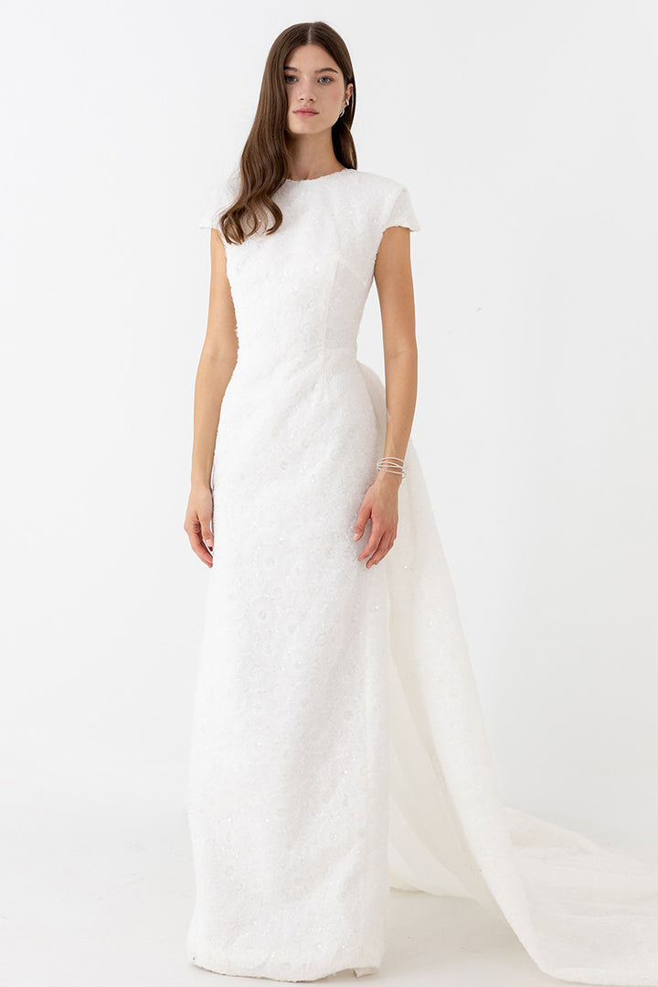 Embroidered Column Wedding Dress with Train