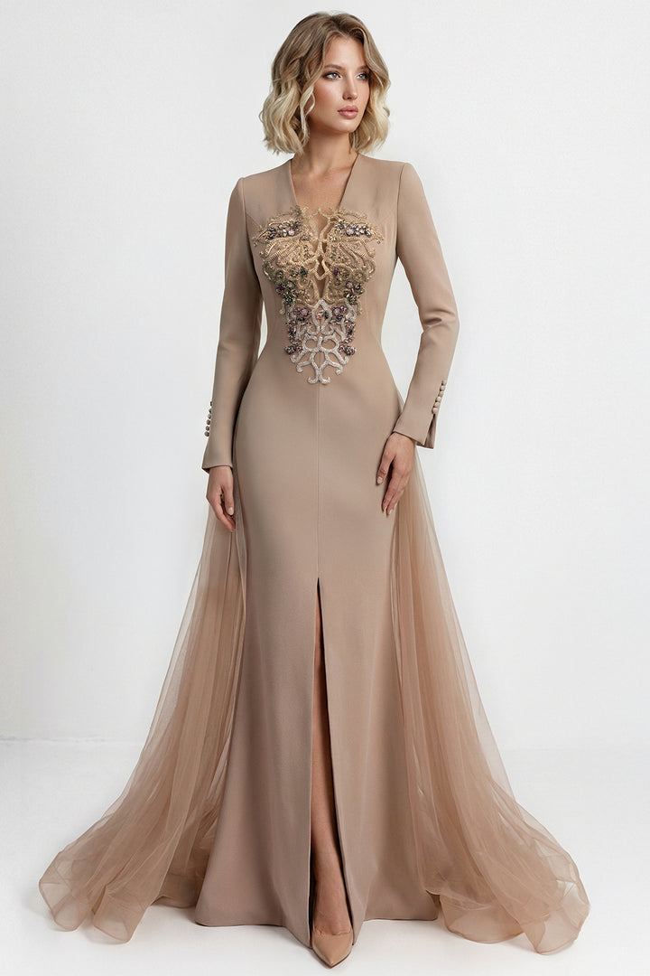 Embroidered Crepe Gown with Tulle Train
