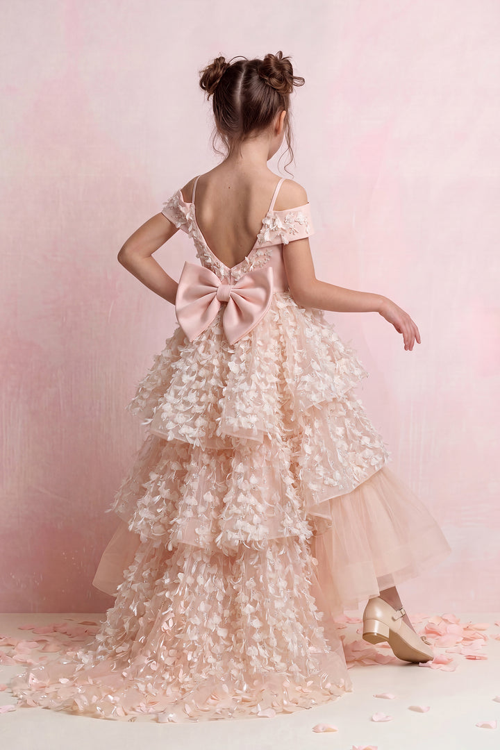 Petal Appliqué High-Low Tulle Mini Gown