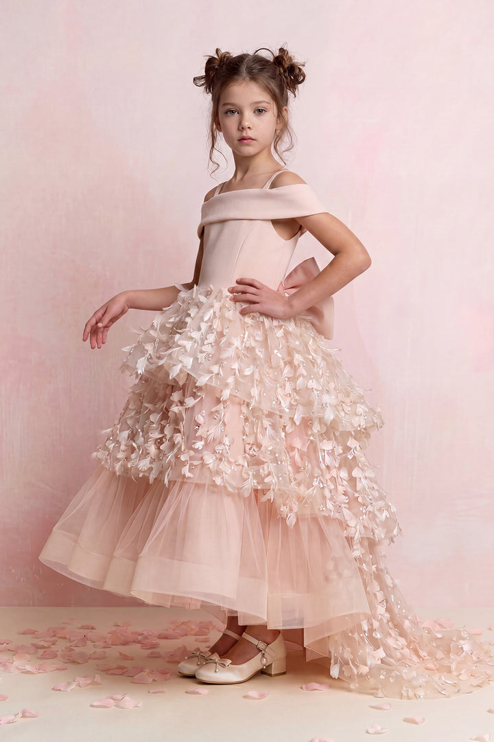 Petal Appliqué High-Low Tulle Mini Gown