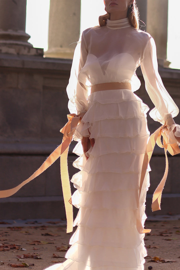 Bridal Sheer Blouse with Ruffled Skirt