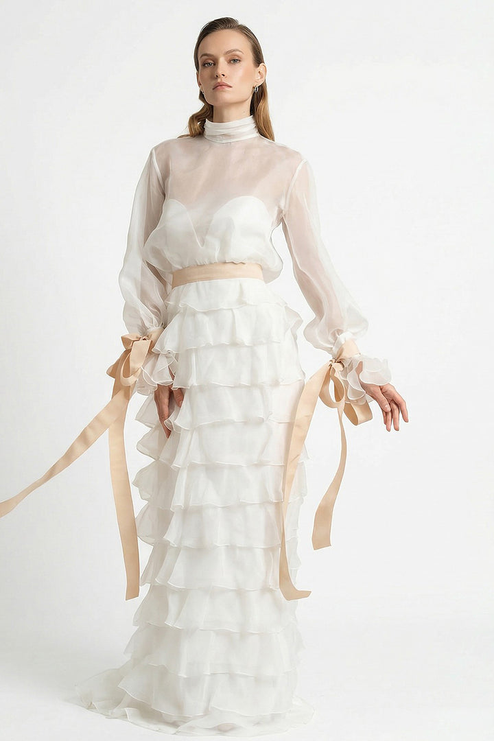 Bridal Sheer Blouse with Ruffled Skirt
