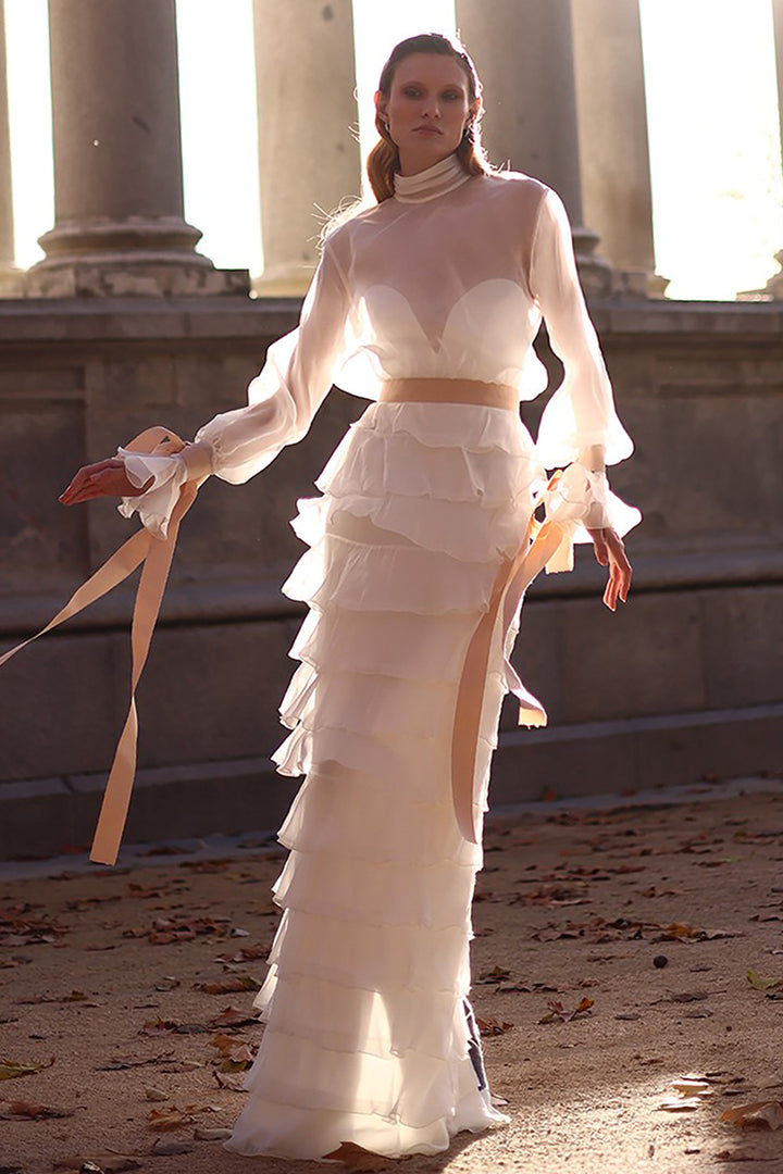 Bridal Sheer Blouse with Ruffled Skirt