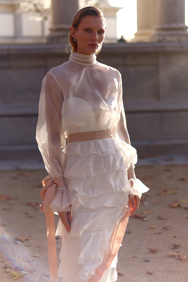 Bridal Sheer Blouse with Ruffled Skirt