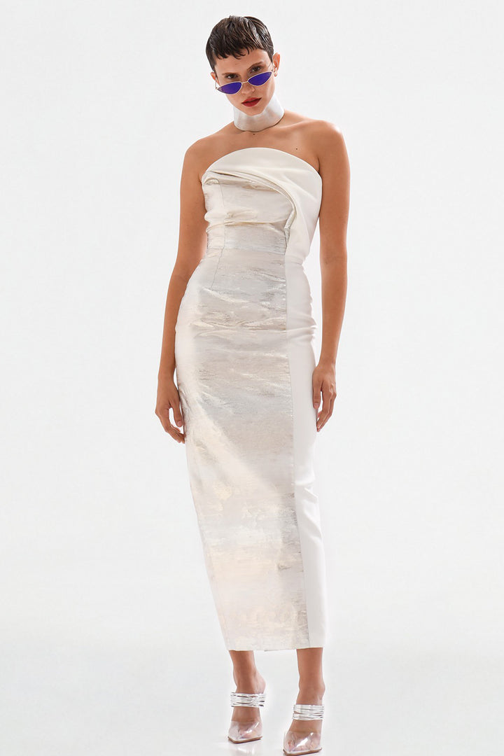 Silk Crepe Midi Dress with Strapless Neckline