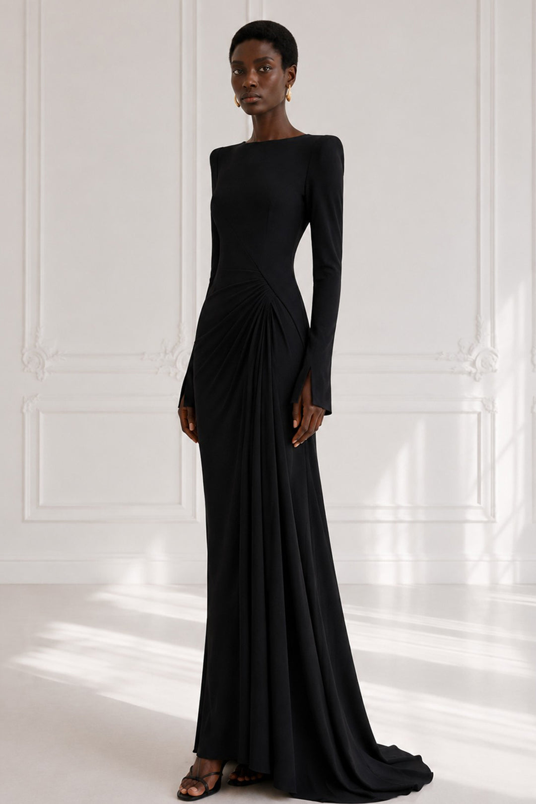 Long Dress with Boat Neckline and Draped Detail