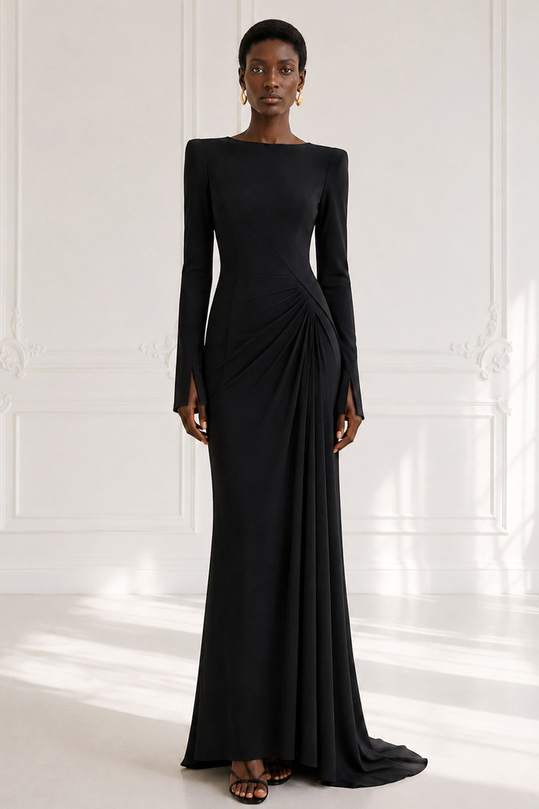 Long Dress with Boat Neckline and Draped Detail