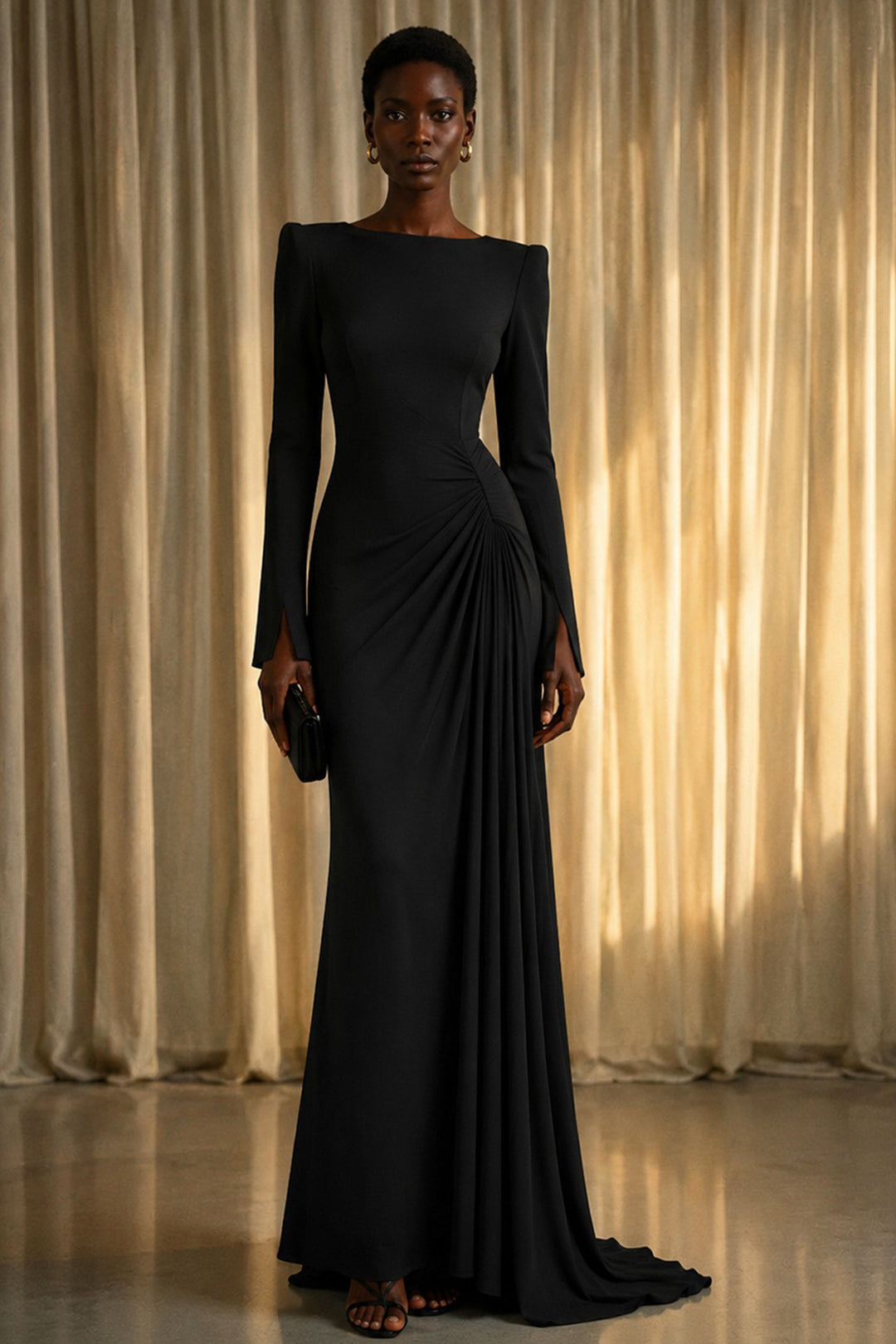 Long Dress with Boat Neckline and Draped Detail