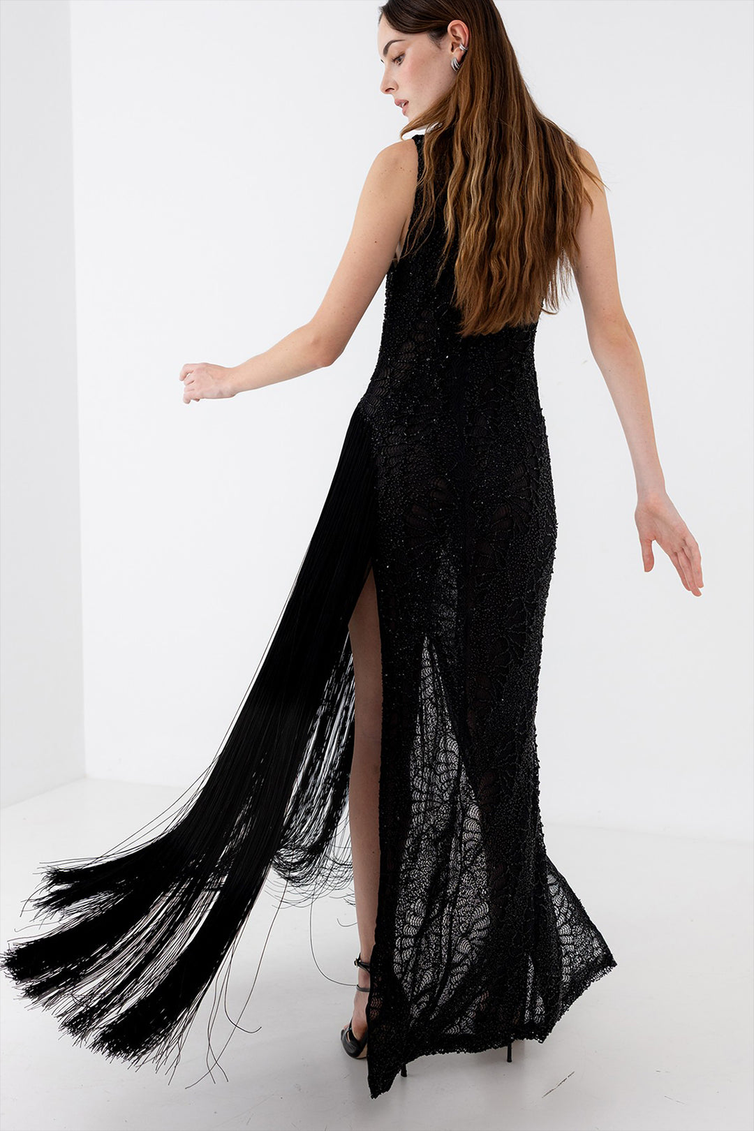 Fitted Dress with Embroidered Fringe