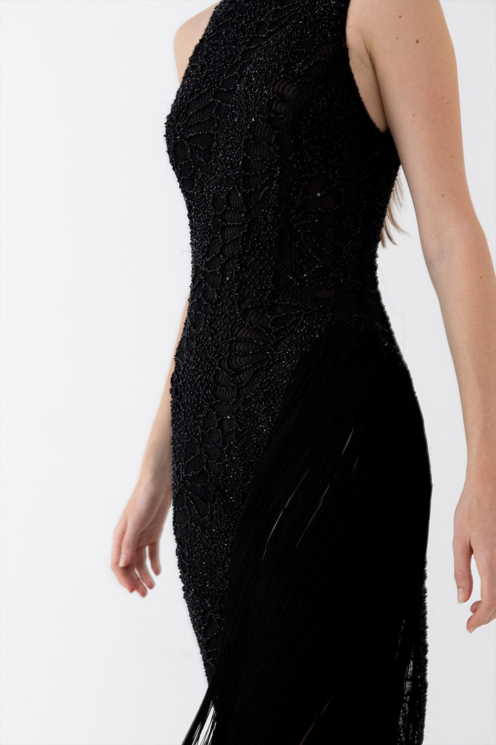 Fitted Dress with Embroidered Fringe