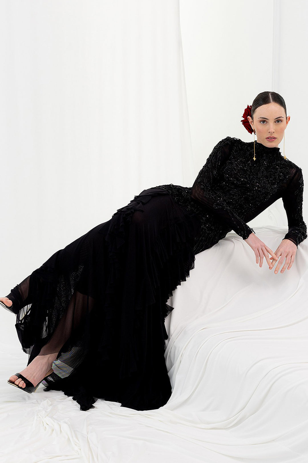 Long Dress with Lace Ruffles