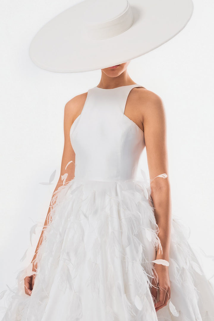 Halter A-Line Dress with Feathered Skirt