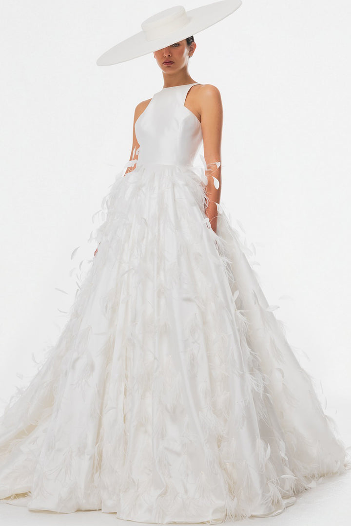 Halter A-Line Dress with Feathered Skirt