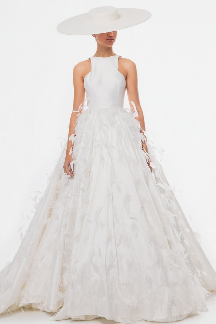 Halter A-Line Dress with Feathered Skirt