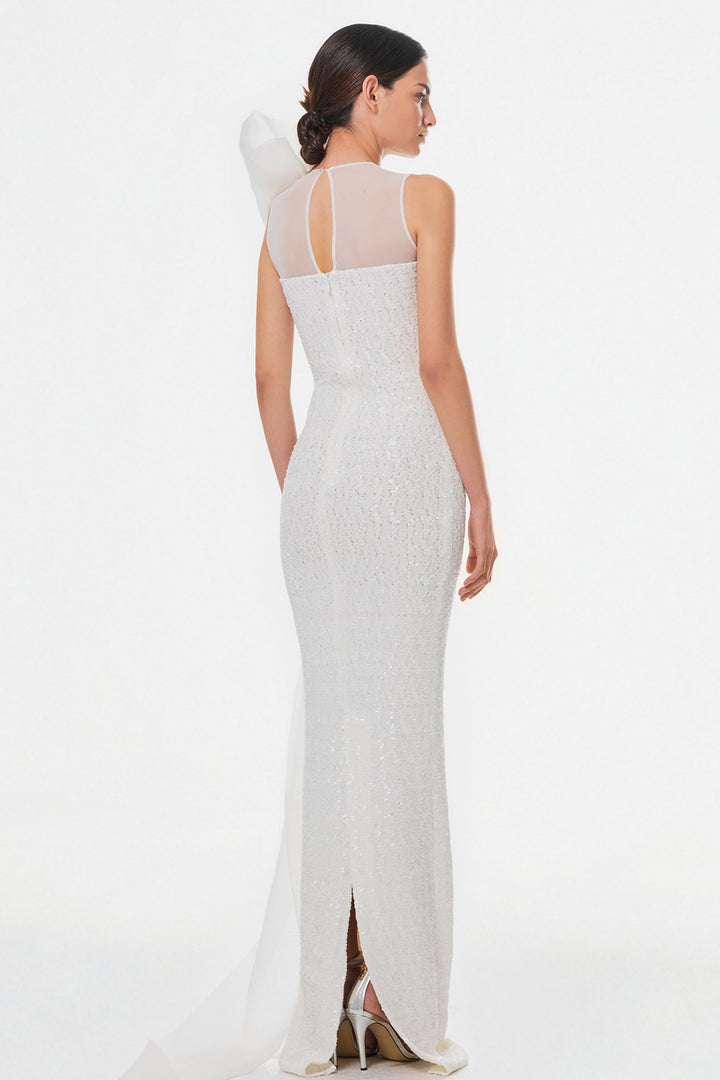 Halter Neckline Dress with Fitted Waist and Feather