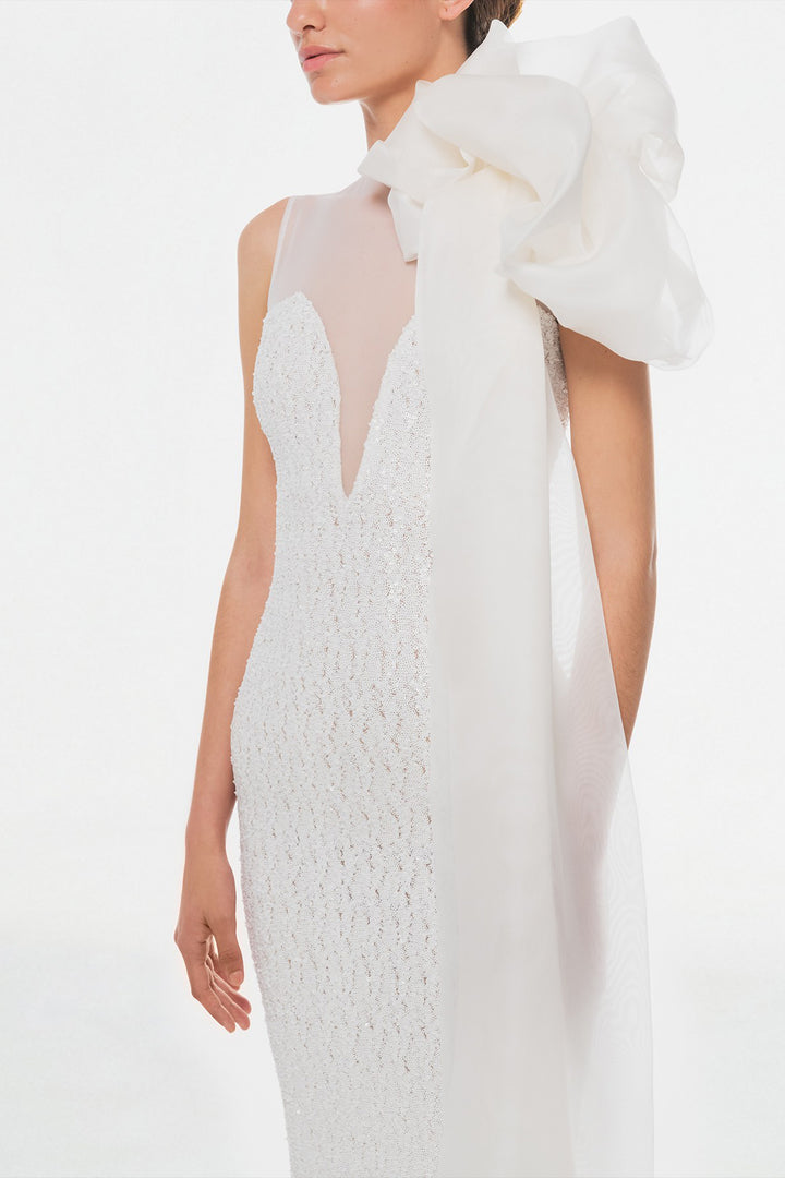 Halter Neckline Dress with Fitted Waist and Feather