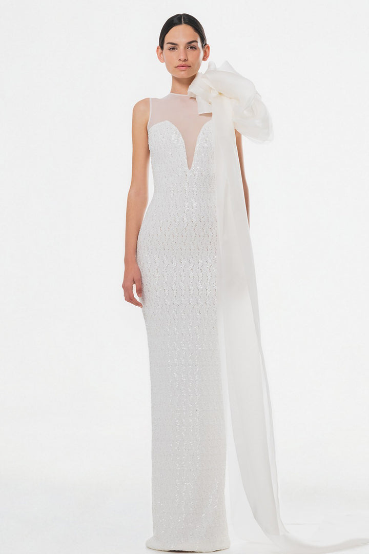 Halter Neckline Dress with Fitted Waist and Feather