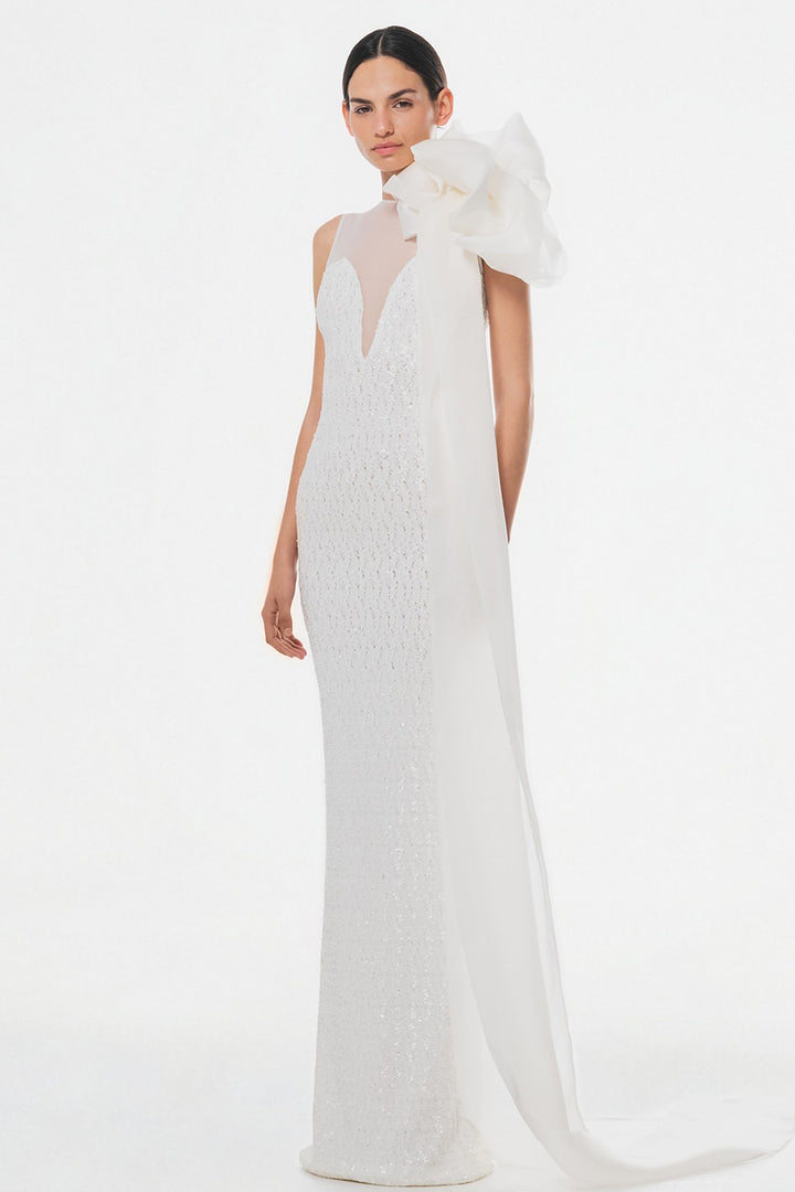 Halter Neckline Dress with Fitted Waist and Feather