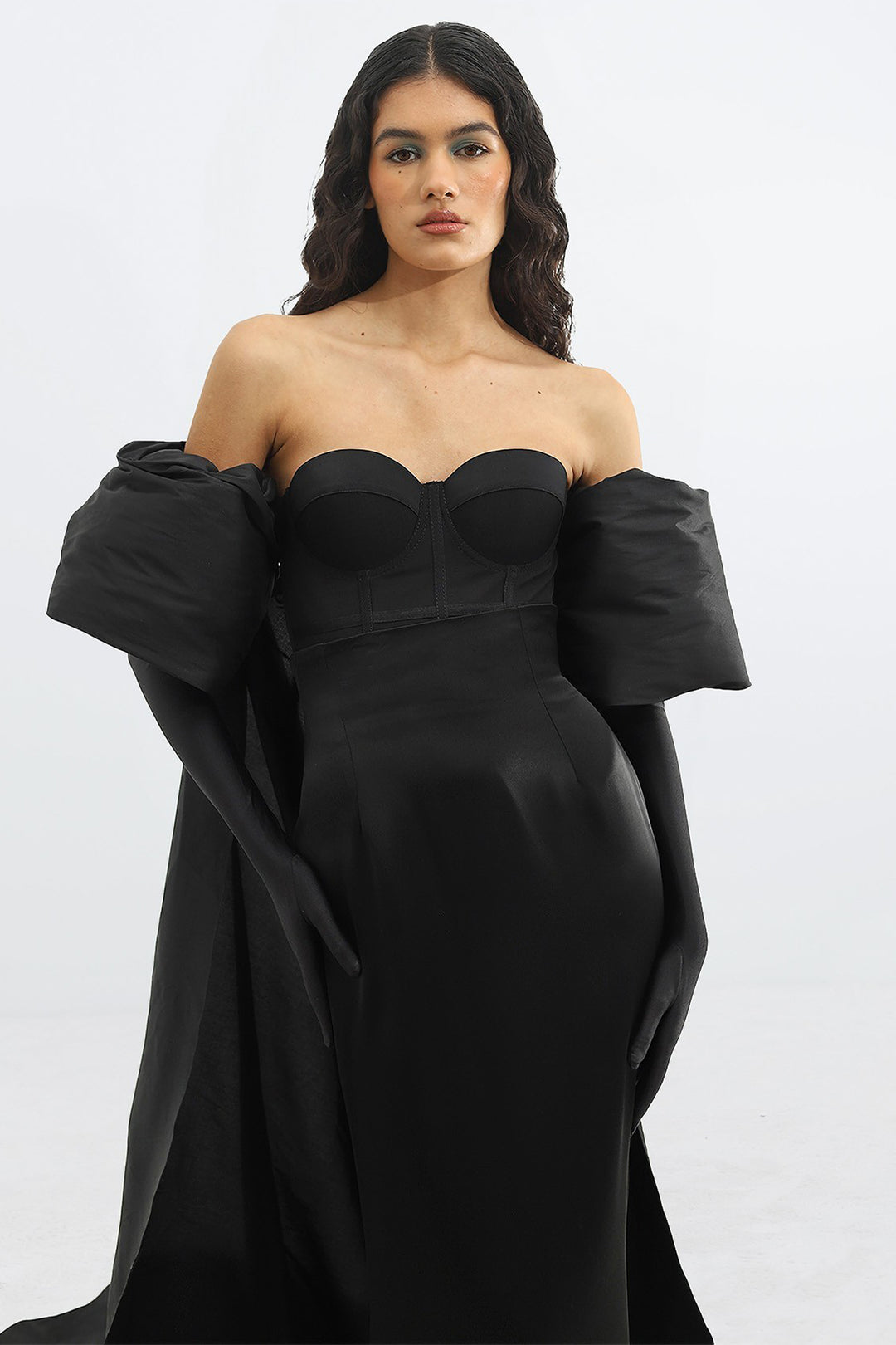 Strapless Dress with Cape and Puffed Gloves