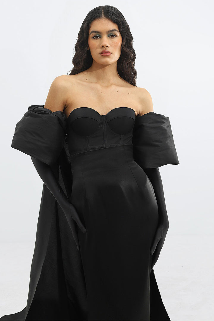 Strapless Dress with Cape and Puffed Gloves