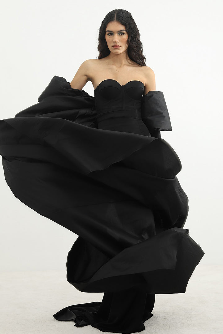 Strapless Dress with Cape and Puffed Gloves