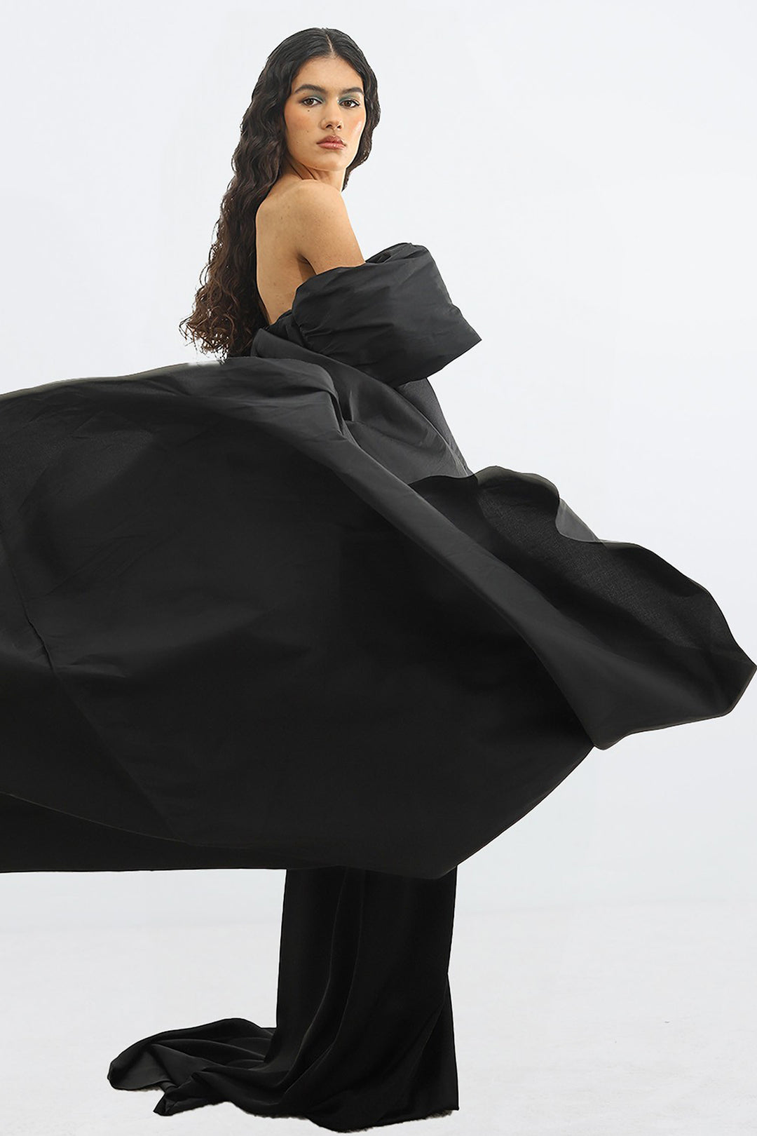 Strapless Dress with Cape and Puffed Gloves