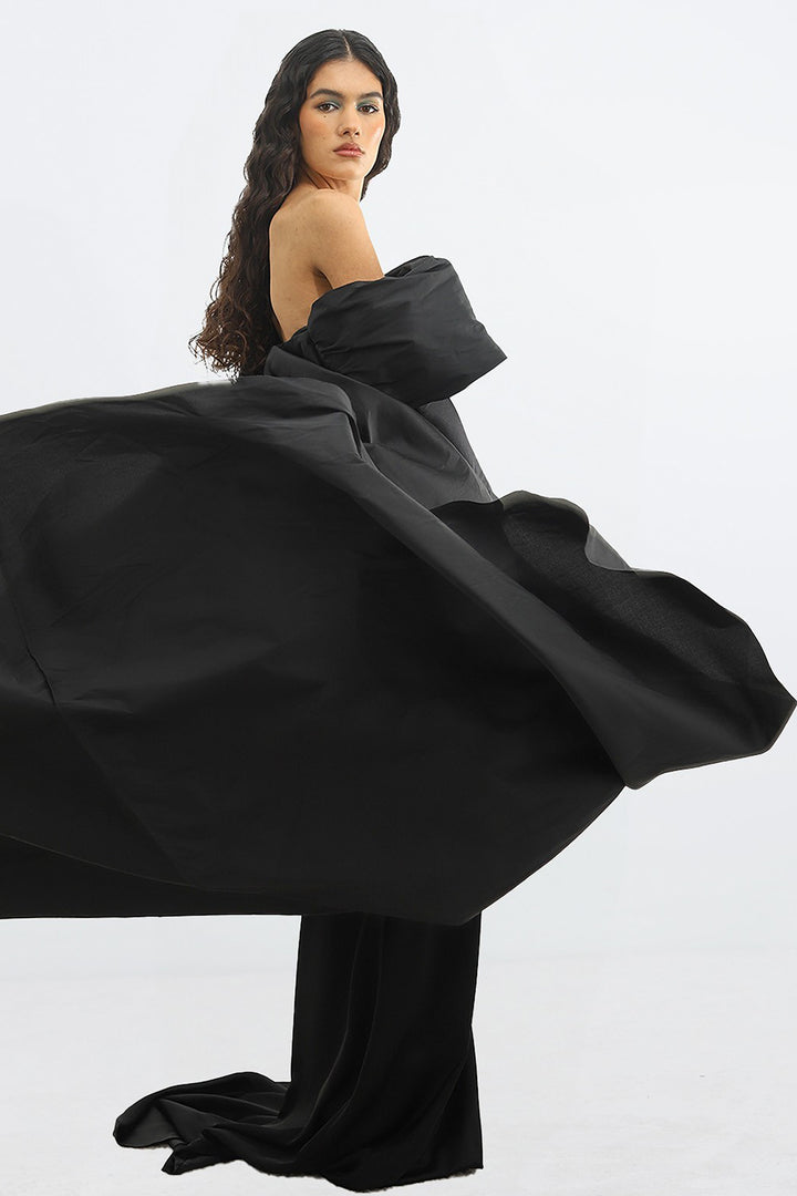Strapless Dress with Cape and Puffed Gloves