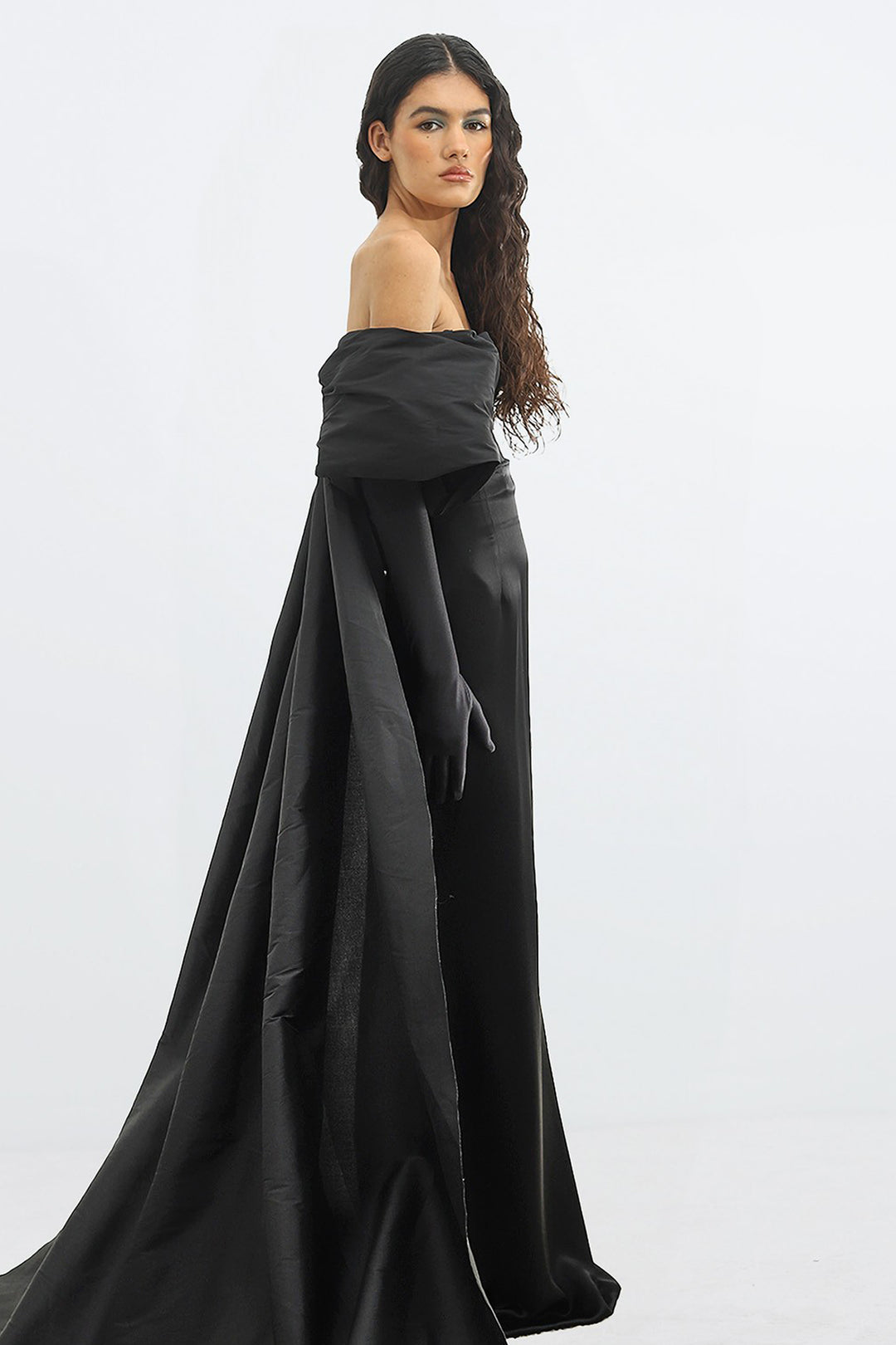 Strapless Dress with Cape and Puffed Gloves