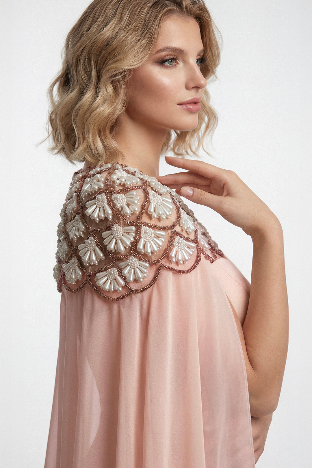 Embellished Cape-Sleeve Gown