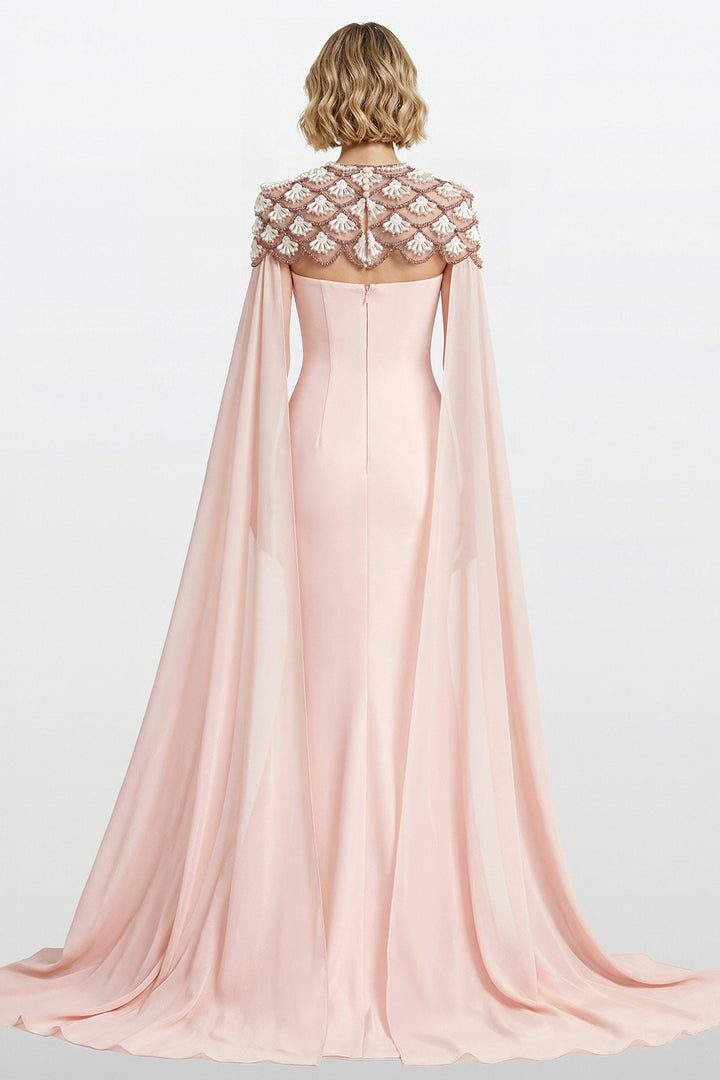 Embellished Cape-Sleeve Gown