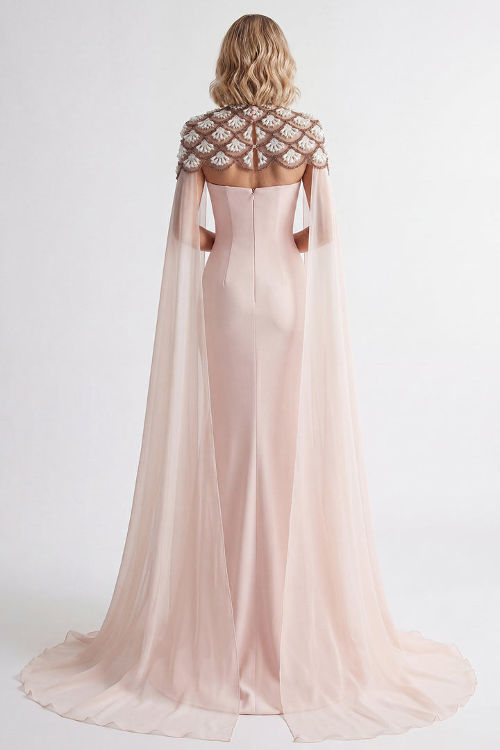 Embellished Cape-Sleeve Gown