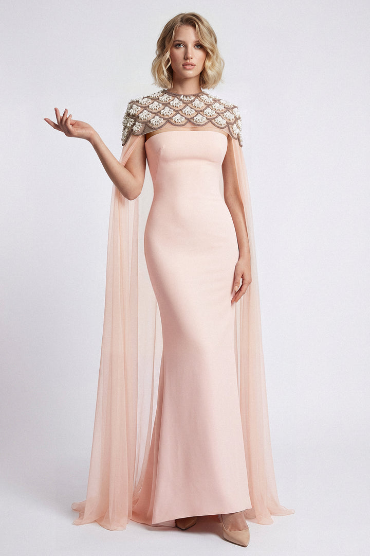 Embellished Cape-Sleeve Gown