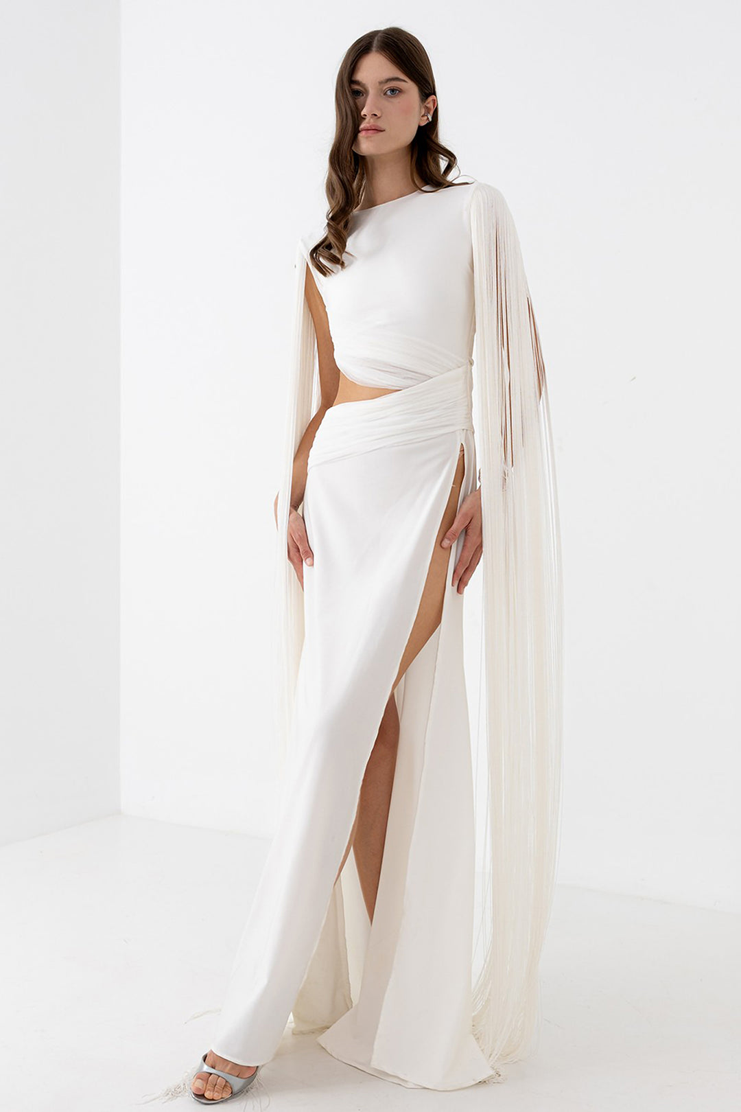 Dress with Asymmetrical Draping and Side Slit White / FR 40