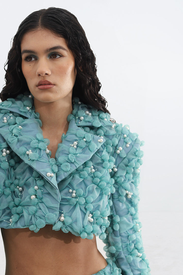 Pearl-Embroidered with Cropped Jacket and Mini Skirt
