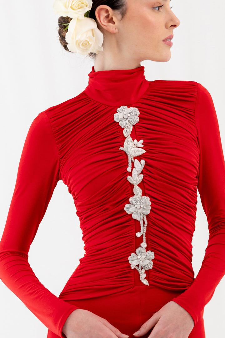 Long Dress with Ruching and Floral Bead Embroidery