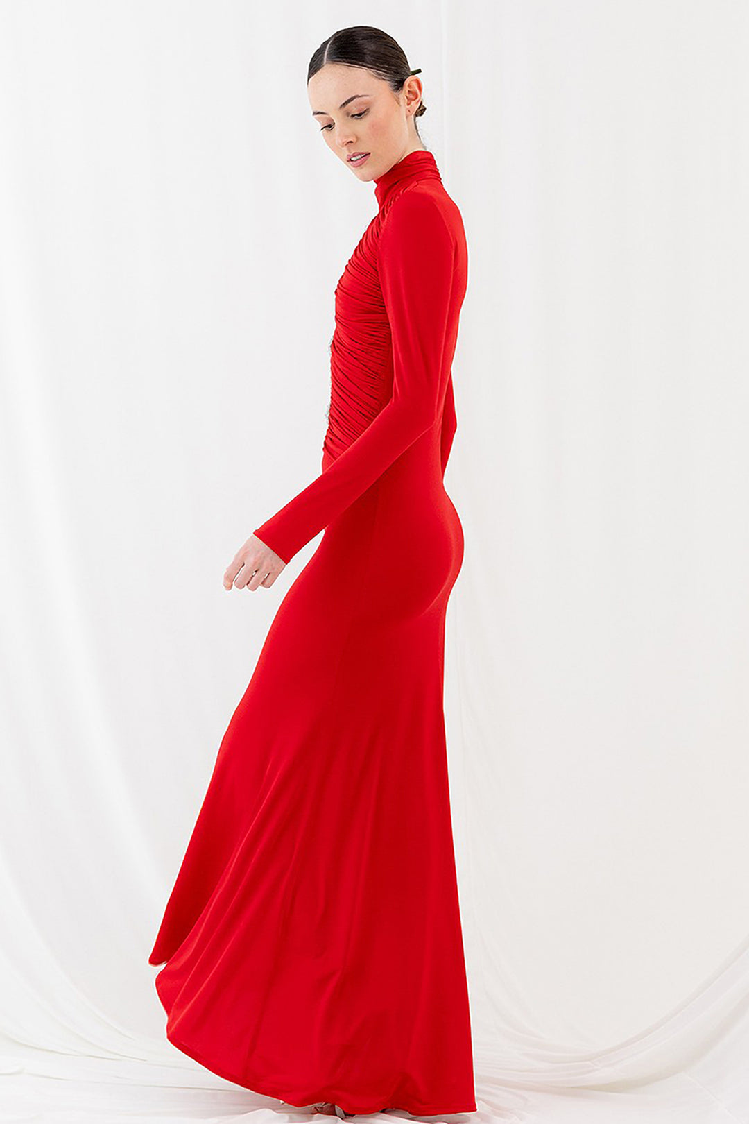 Long Dress with Ruching and Floral Bead Embroidery