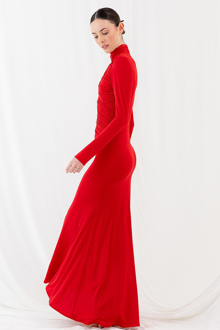 Long Dress with Ruching and Floral Bead Embroidery