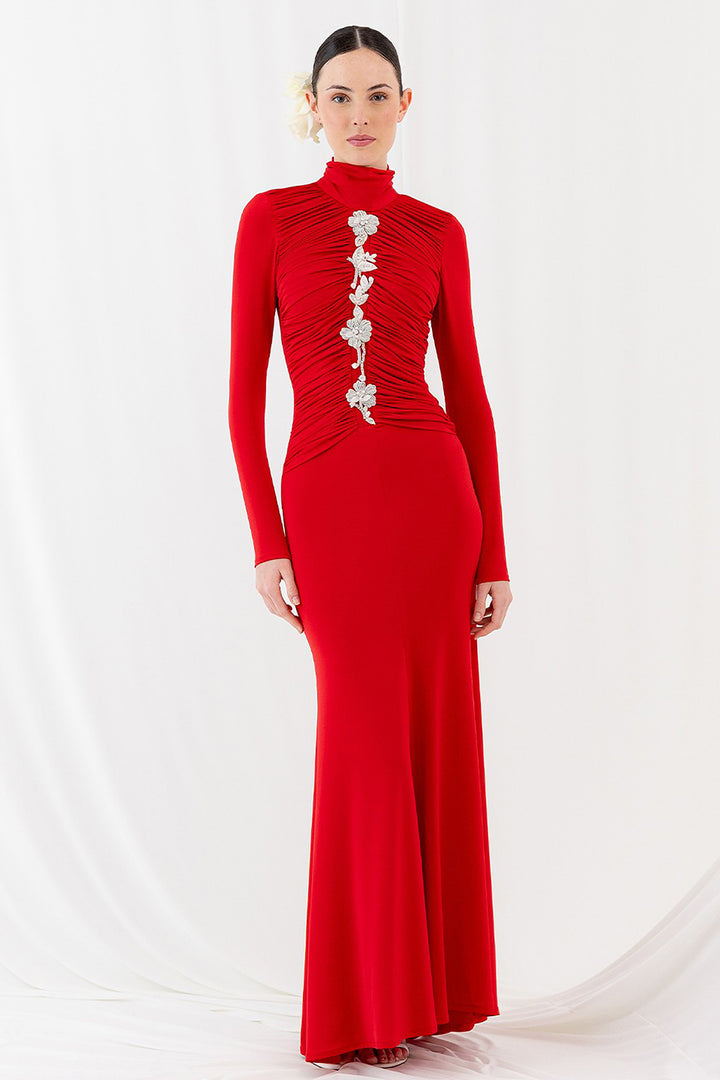 Long Dress with Ruching and Floral Bead Embroidery