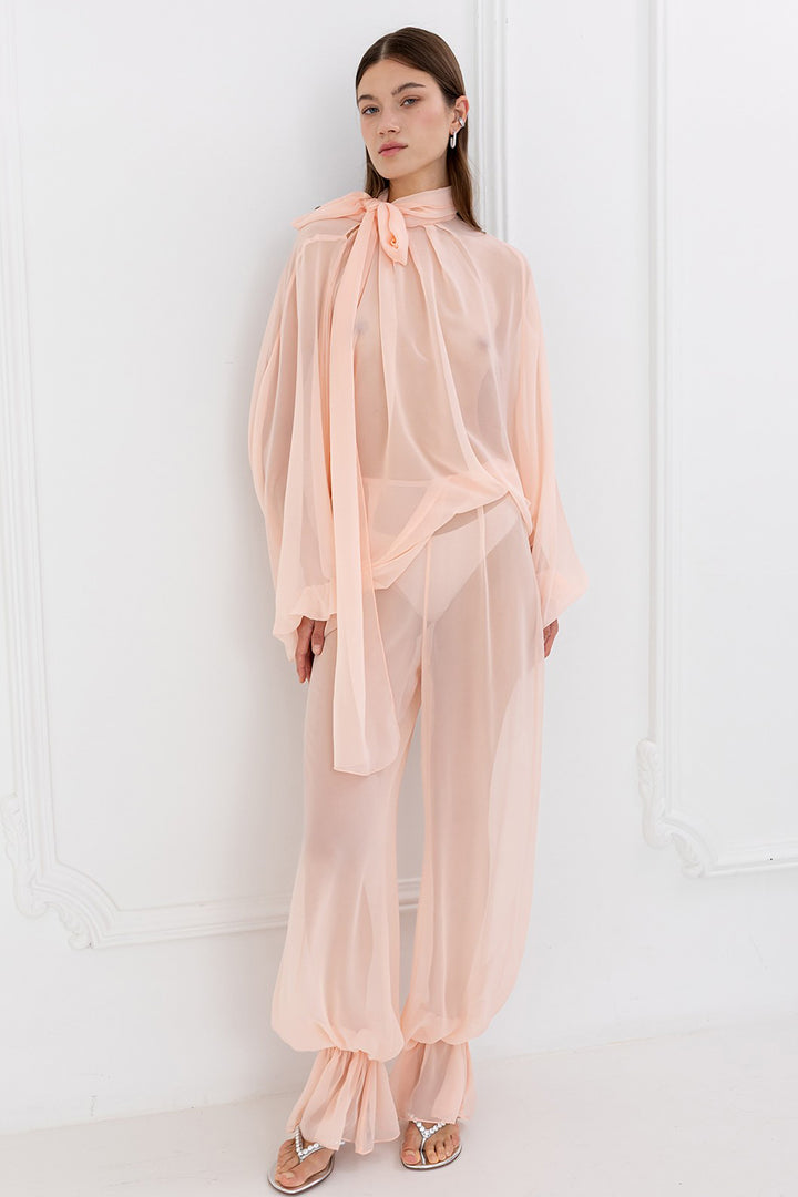 Sheer High-Neck and Gathered Trouser Ensemble