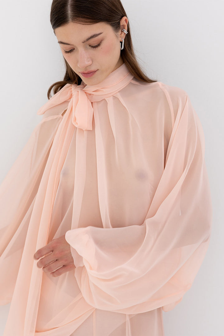 Sheer High-Neck and Gathered Trouser Ensemble