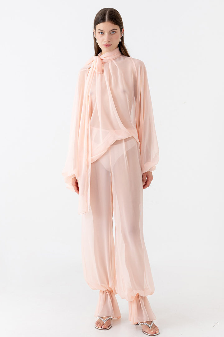 Sheer High-Neck and Gathered Trouser Ensemble