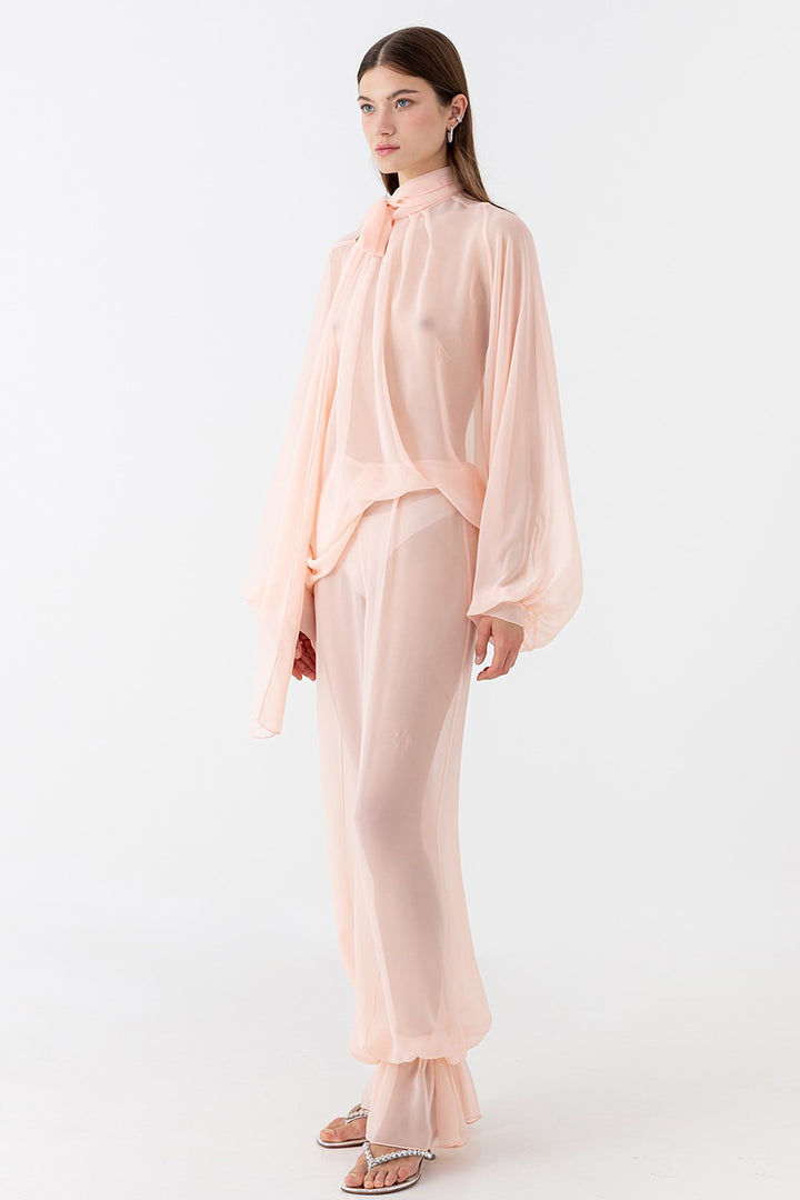 Sheer High-Neck and Gathered Trouser Ensemble