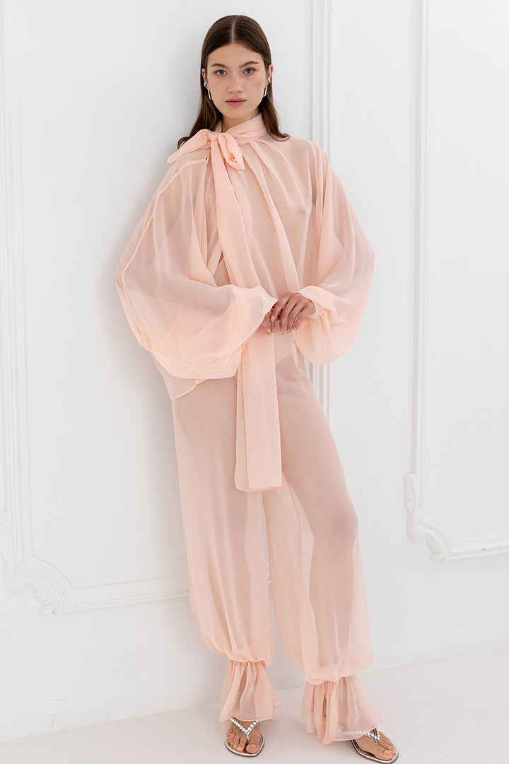 Sheer High-Neck and Gathered Trouser Ensemble