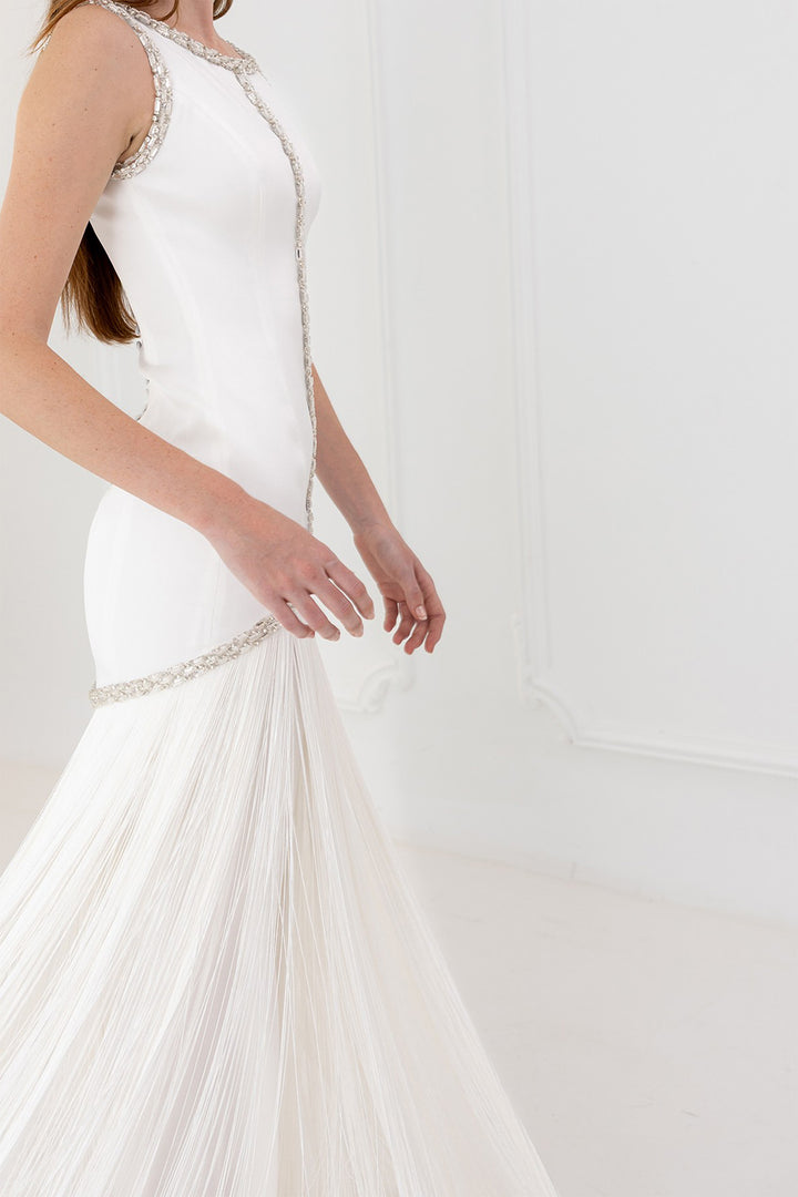 Wedding Dress with Rhinestones and Fringe Skirt