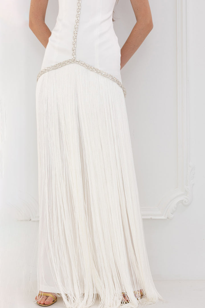 Wedding Dress with Rhinestones and Fringe Skirt