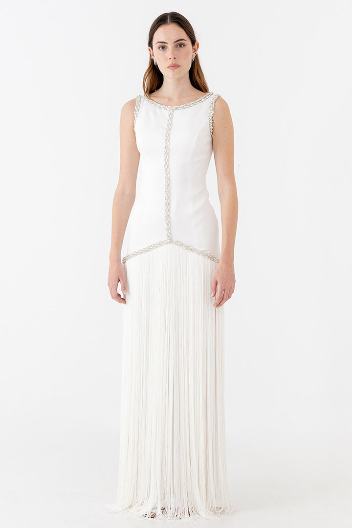 Wedding Dress with Rhinestones and Fringe Skirt