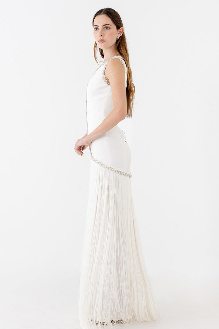 Wedding Dress with Rhinestones and Fringe Skirt