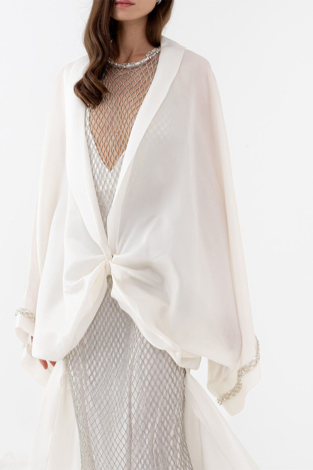 Silk Bridal Cape with Bow Crystals and Train